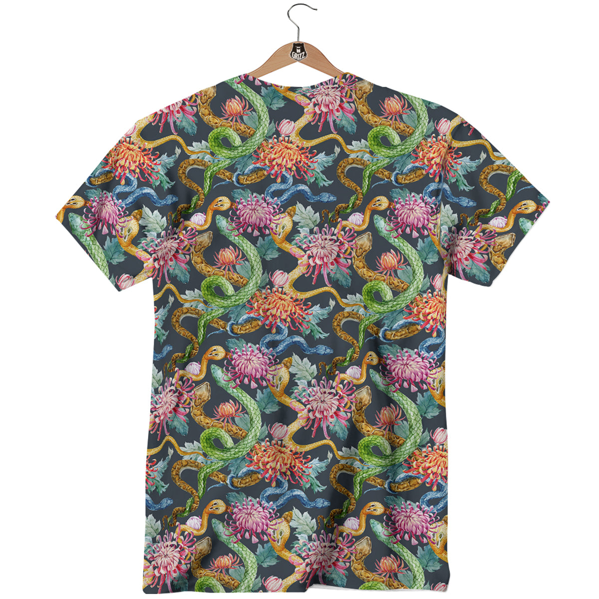Watercolor Snake Chrysanthemum Flowers Print Pattern T-Shirt-grizzshop