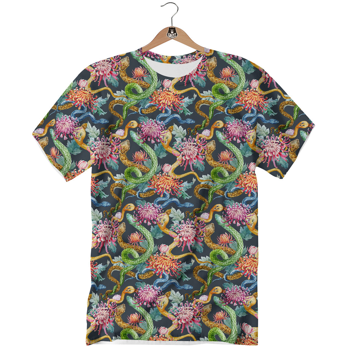 Watercolor Snake Chrysanthemum Flowers Print Pattern T-Shirt-grizzshop