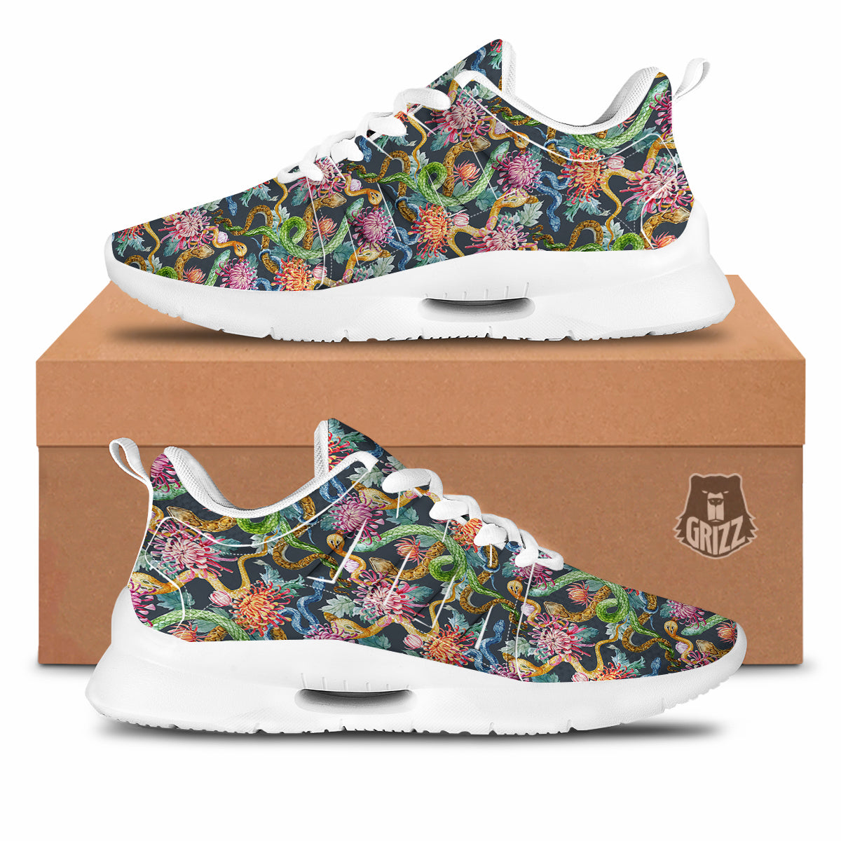 Watercolor Snake Chrysanthemum Flowers Print Pattern Tennis Shoes-grizzshop