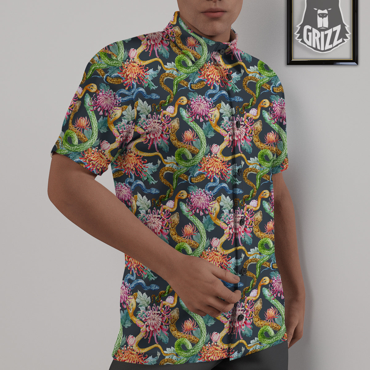 Watercolor Snake Chrysanthemum Flowers Print Pattern Untucked Shirts-grizzshop