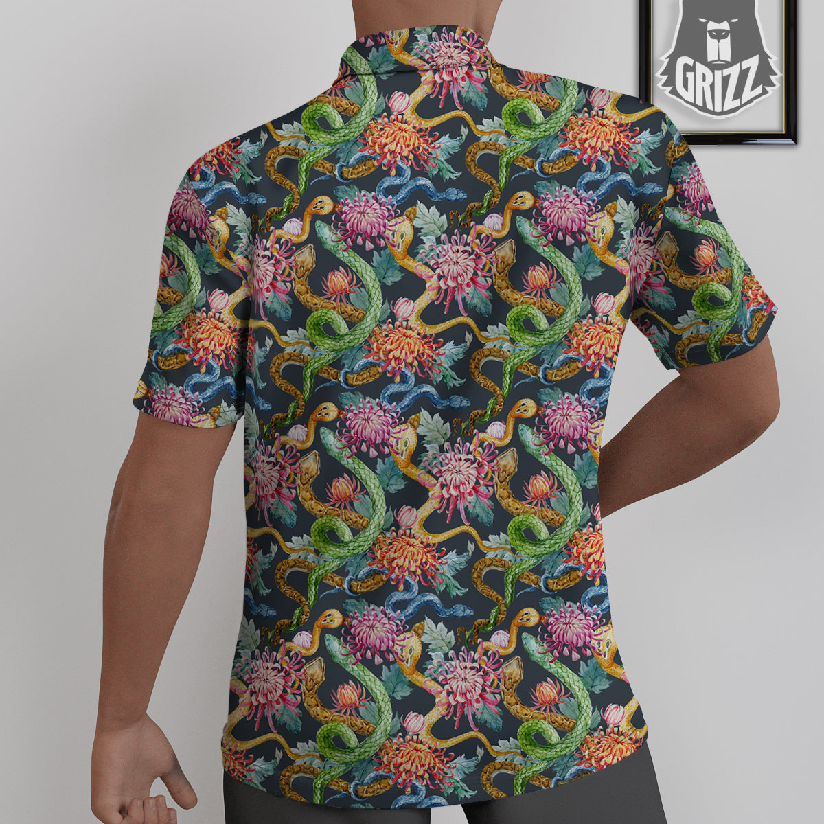 Watercolor Snake Chrysanthemum Flowers Print Pattern Untucked Shirts-grizzshop