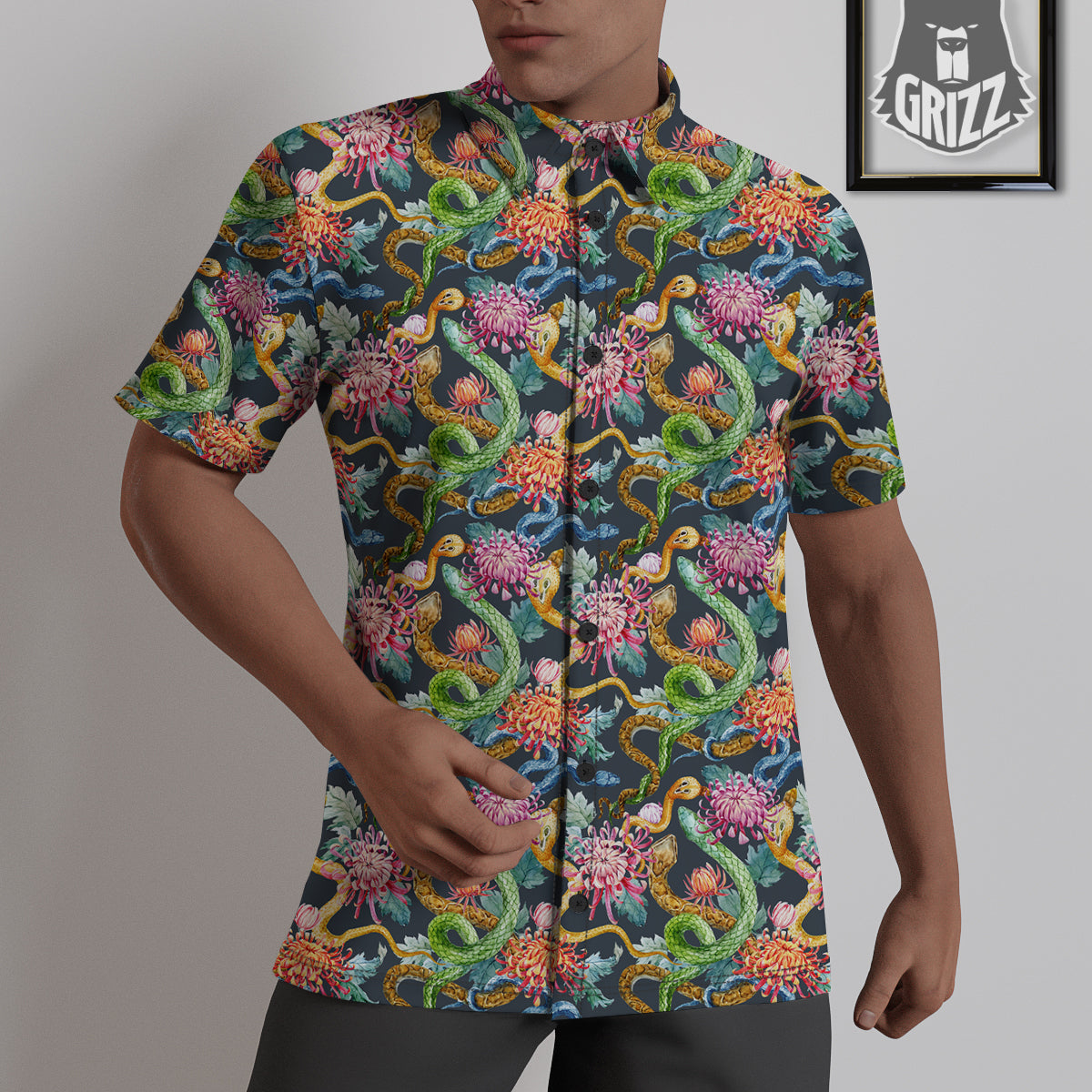 Watercolor Snake Chrysanthemum Flowers Print Pattern Untucked Shirts-grizzshop