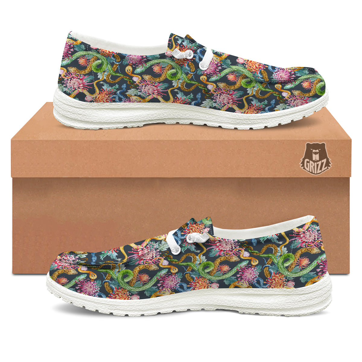 Watercolor Snake Chrysanthemum Flowers Print Pattern White Loafers-grizzshop
