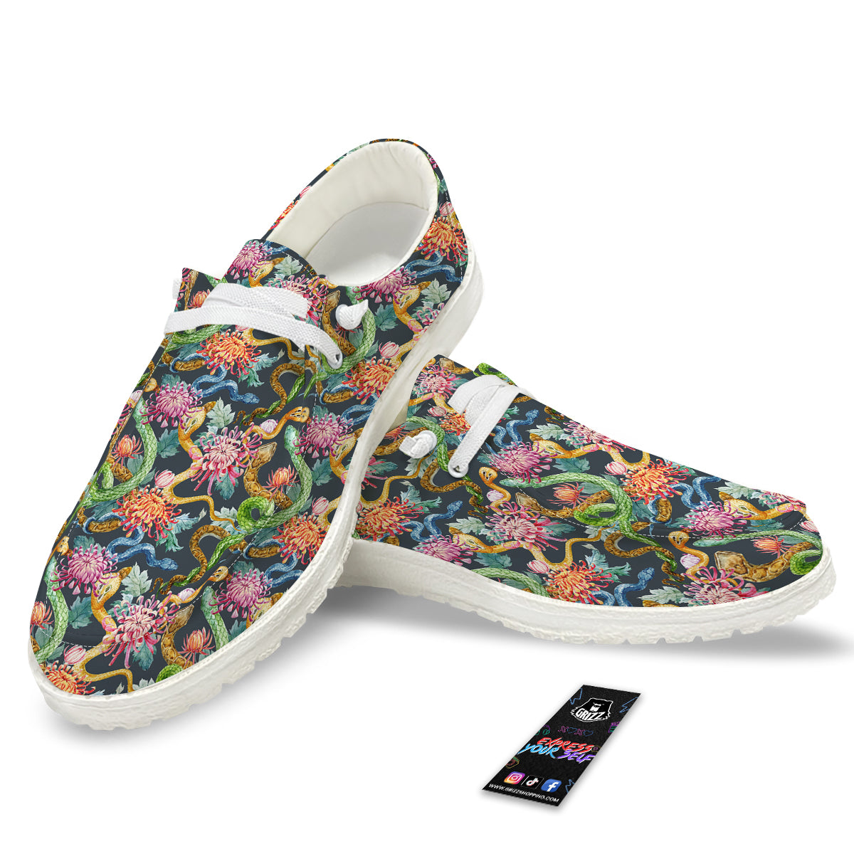 Watercolor Snake Chrysanthemum Flowers Print Pattern White Loafers-grizzshop