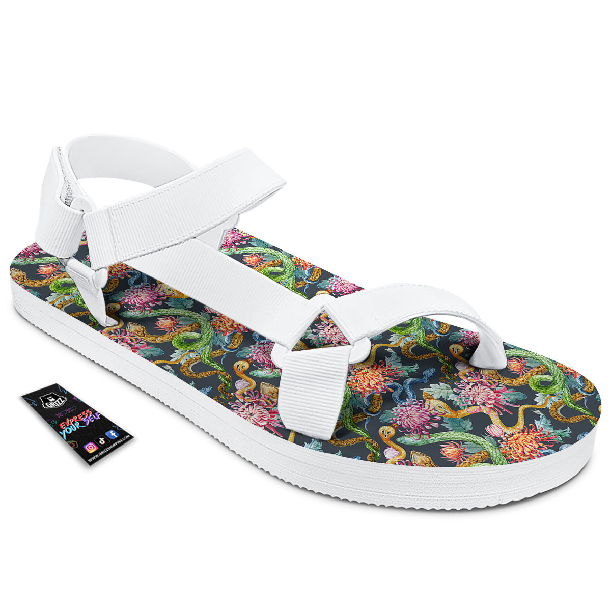 Watercolor Snake Chrysanthemum Flowers Print Pattern White Open Toe Sandals-grizzshop