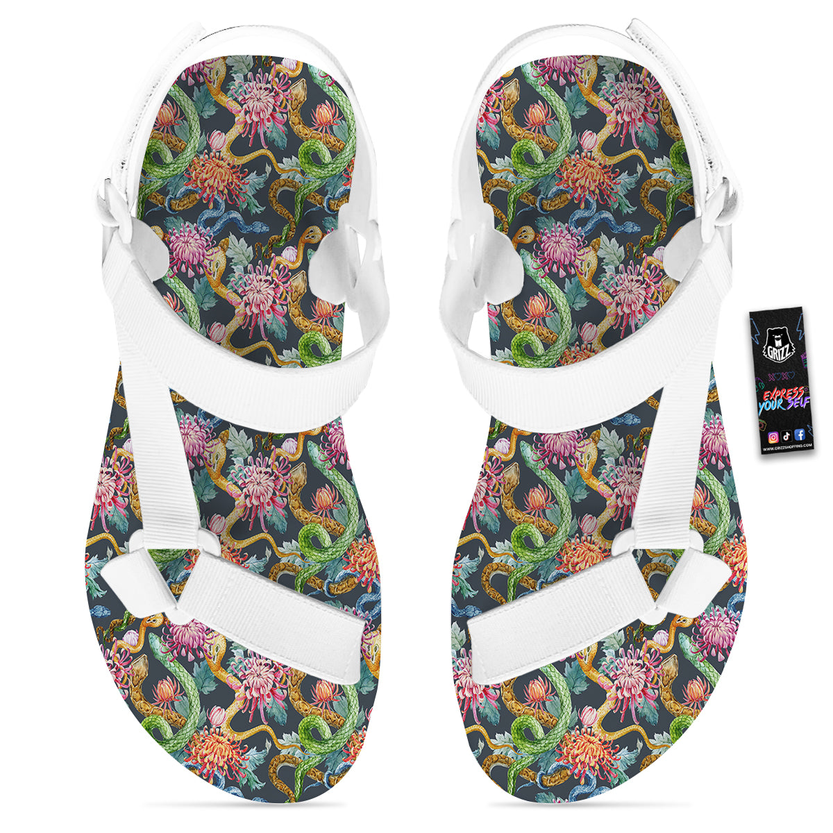 Watercolor Snake Chrysanthemum Flowers Print Pattern White Open Toe Sandals-grizzshop