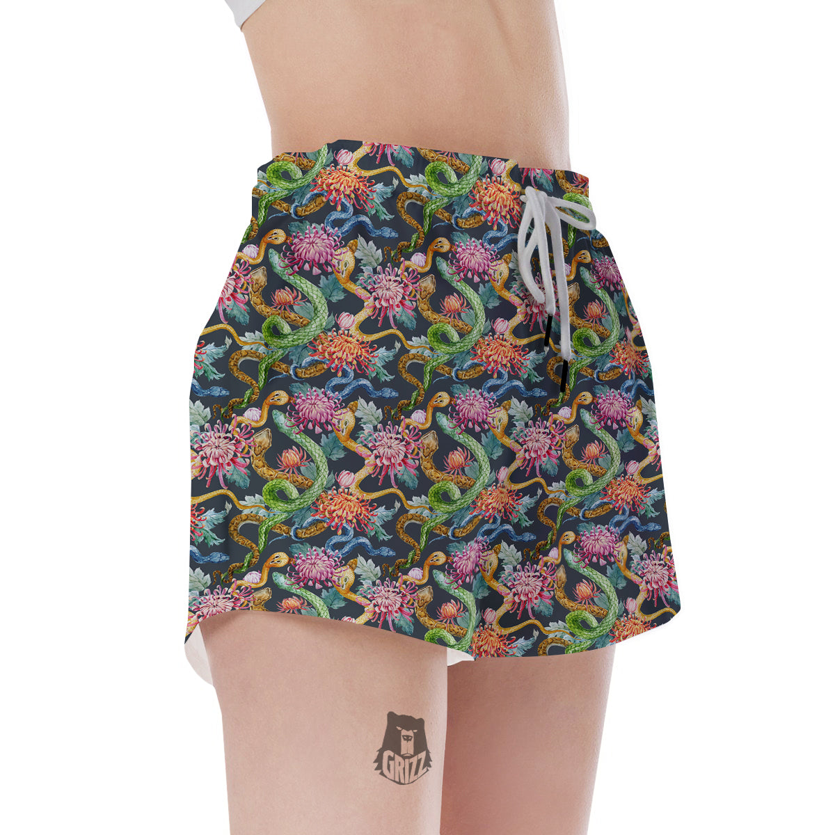 Watercolor Snake Chrysanthemum Flowers Print Pattern Women's Shorts-grizzshop