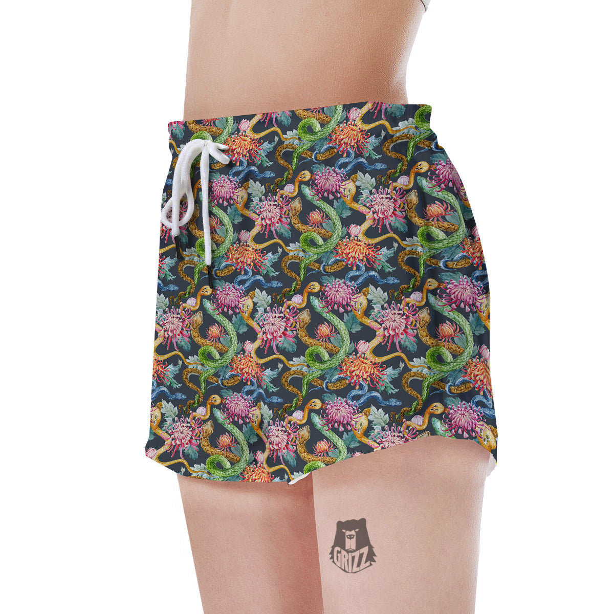 Watercolor Snake Chrysanthemum Flowers Print Pattern Women's Shorts-grizzshop