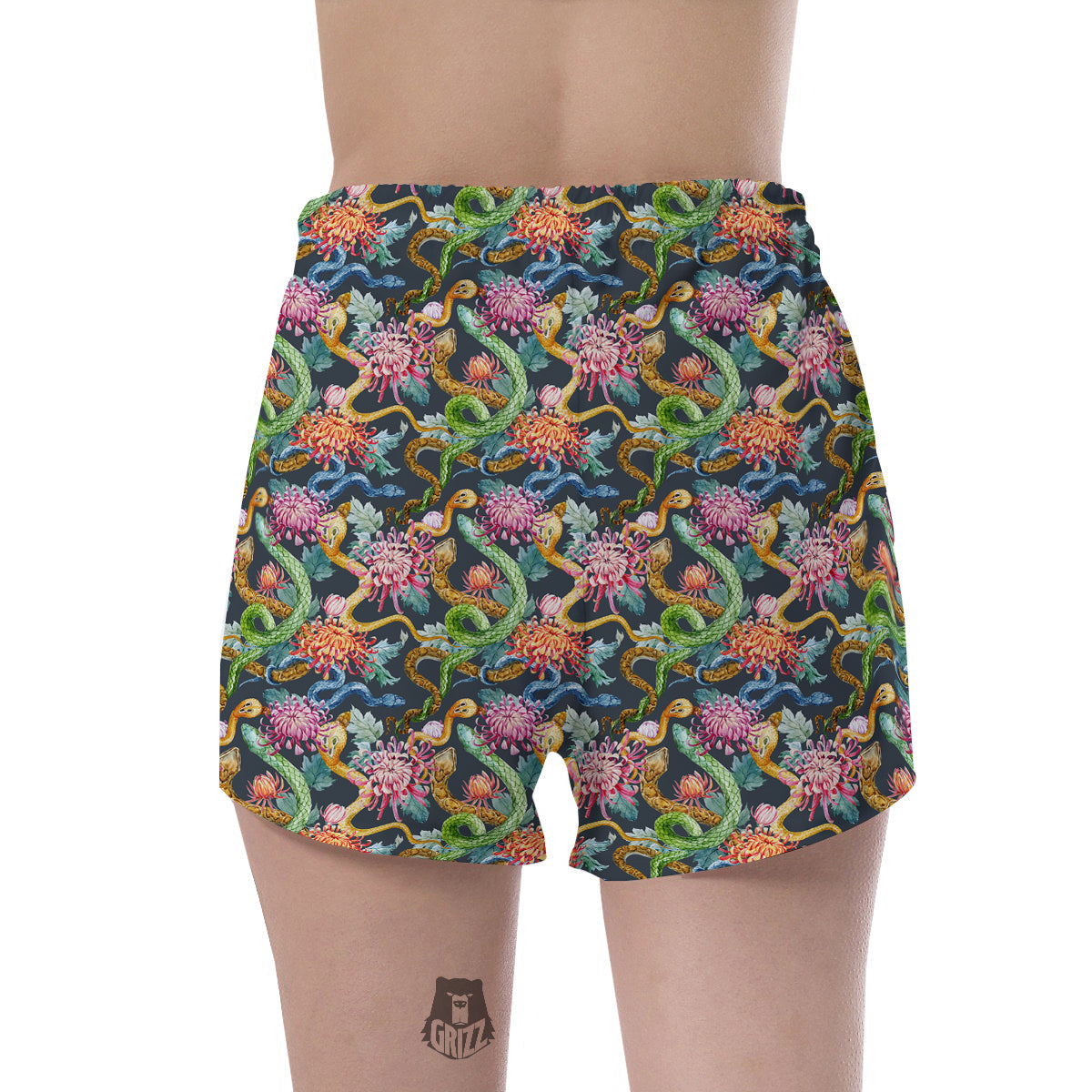 Watercolor Snake Chrysanthemum Flowers Print Pattern Women's Shorts-grizzshop