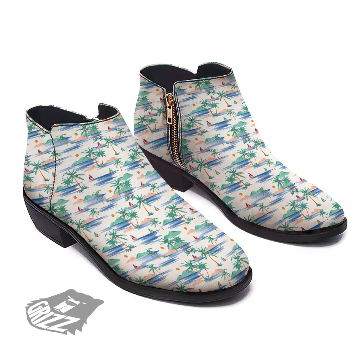 Watercolor Summer Island Palm Tree Print Pattern Ankle Boots-grizzshop