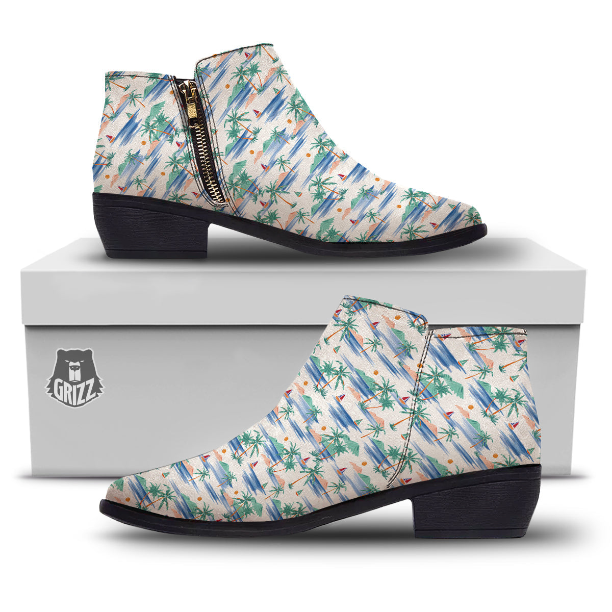 Watercolor Summer Island Palm Tree Print Pattern Ankle Boots-grizzshop