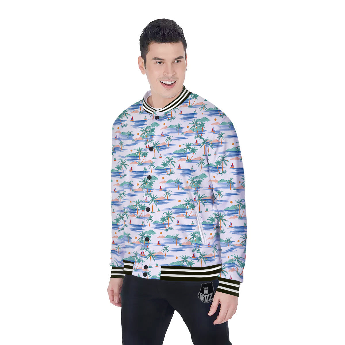 Watercolor Summer Island Palm Tree Print Pattern Baseball Jacket-grizzshop