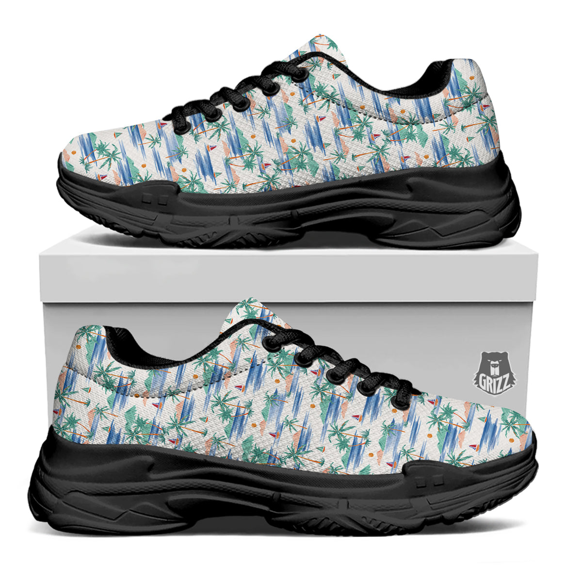 Watercolor Summer Island Palm Tree Print Pattern Black Chunky Shoes-grizzshop