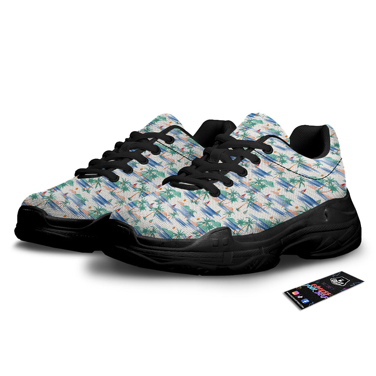 Watercolor Summer Island Palm Tree Print Pattern Black Chunky Shoes-grizzshop
