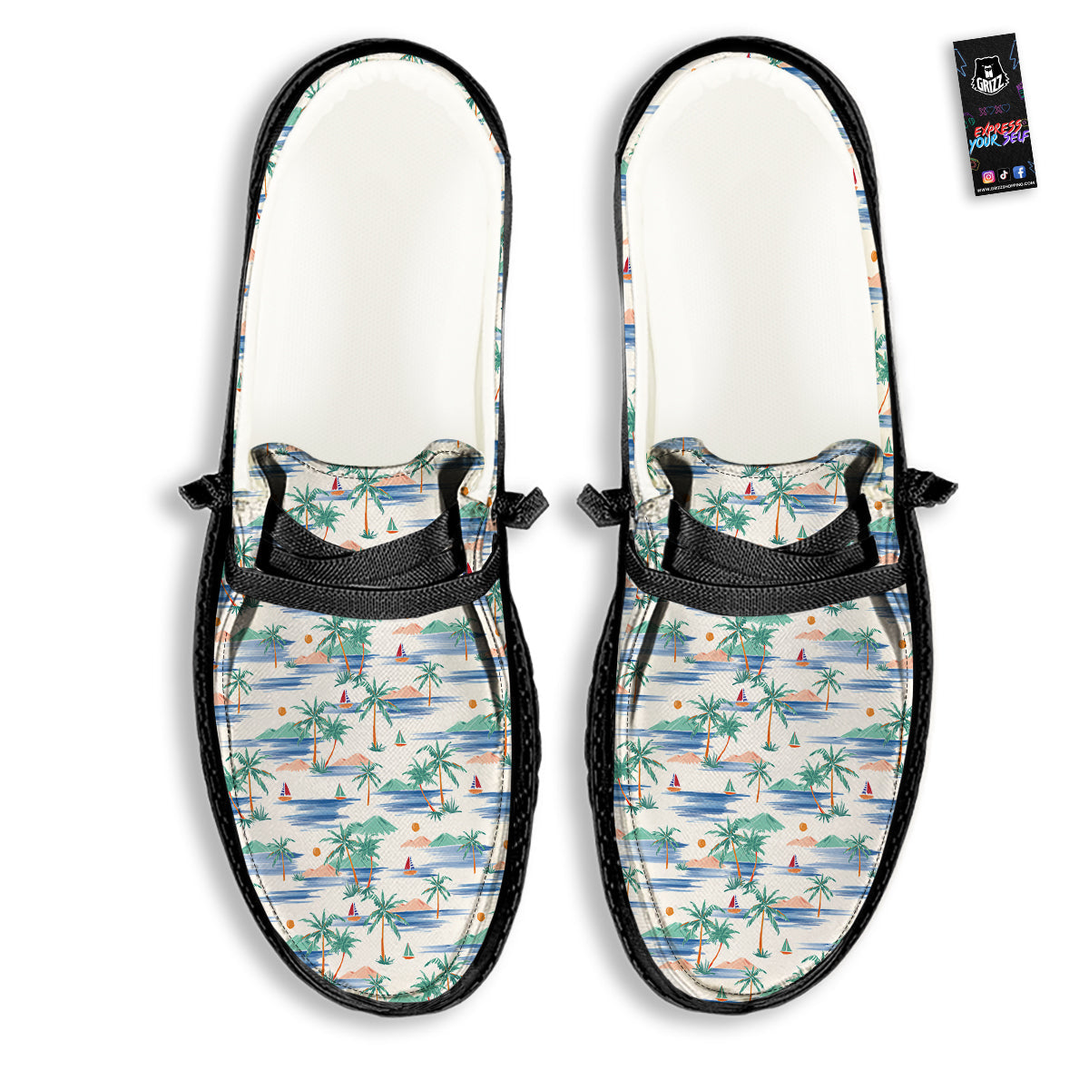 Watercolor Summer Island Palm Tree Print Pattern Black Loafers-grizzshop