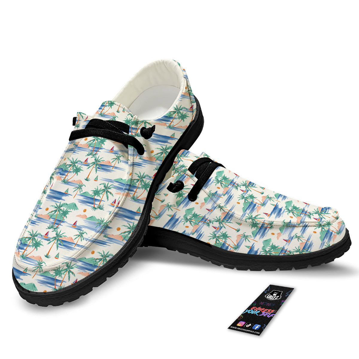 Watercolor Summer Island Palm Tree Print Pattern Black Loafers-grizzshop
