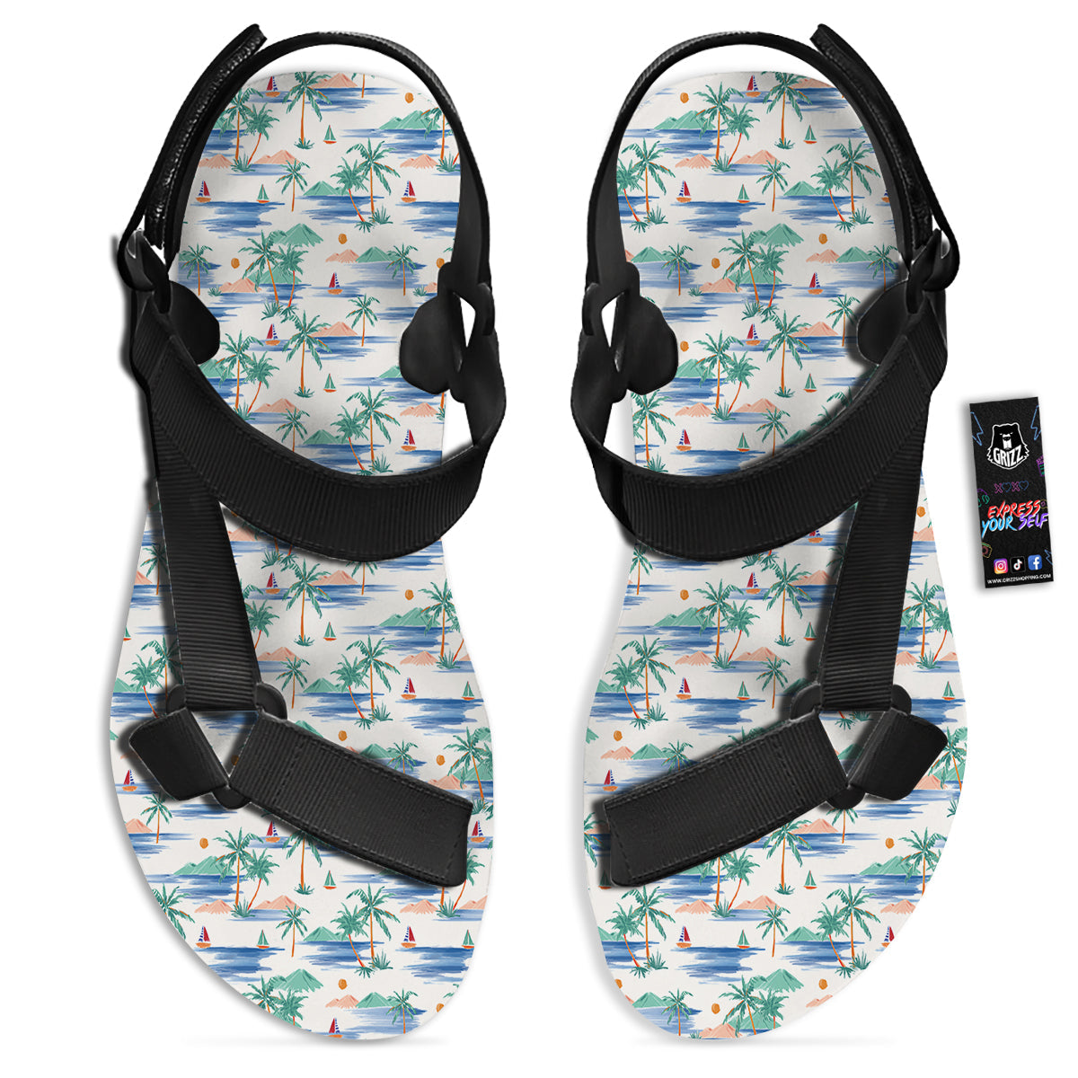 Watercolor Summer Island Palm Tree Print Pattern Black Open Toe Sandals-grizzshop