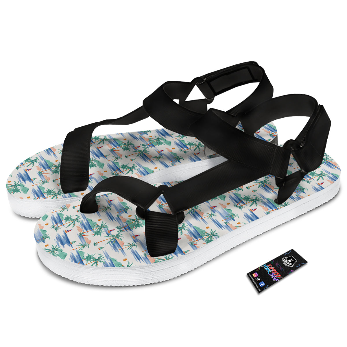Watercolor Summer Island Palm Tree Print Pattern Black Open Toe Sandals-grizzshop