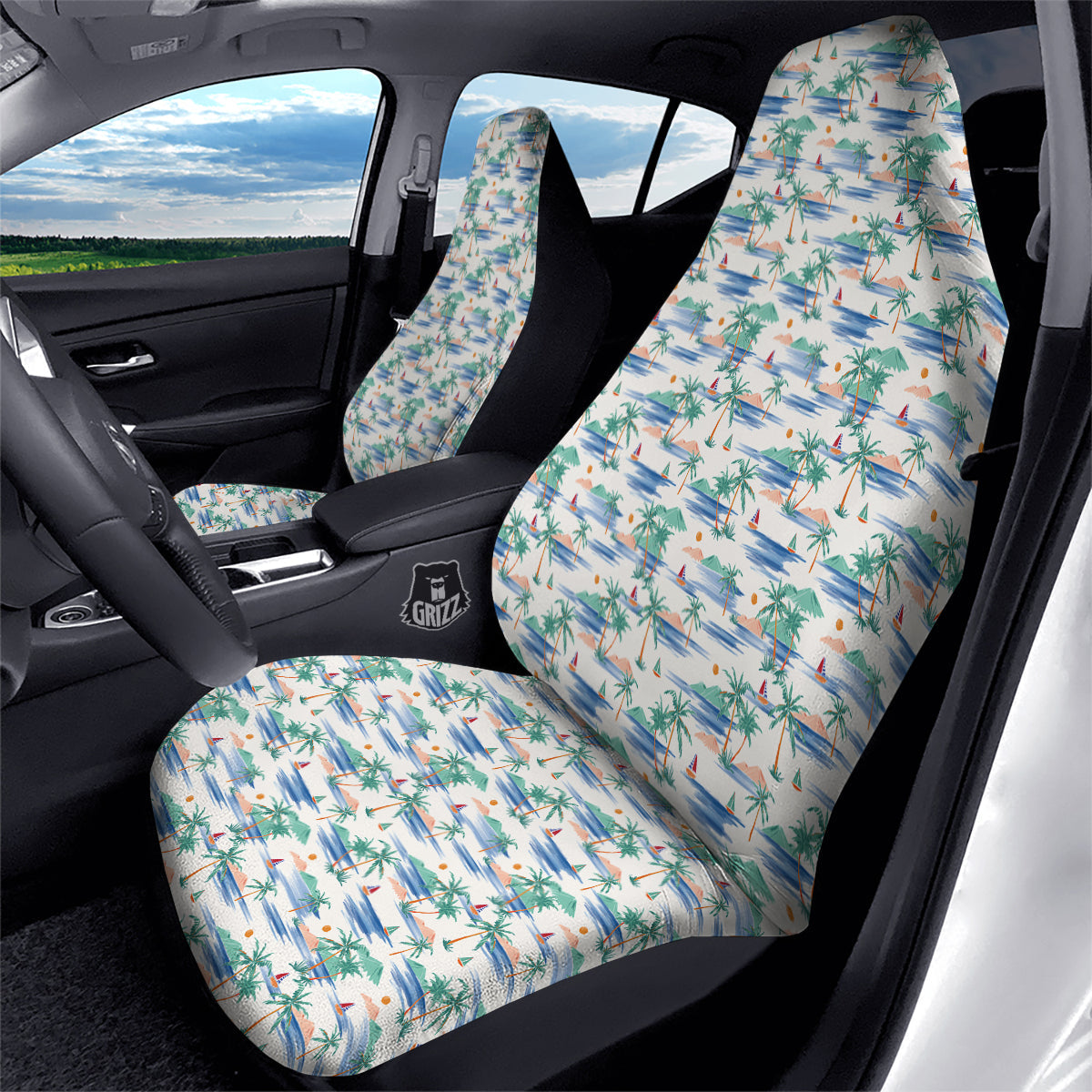 Watercolor Summer Island Palm Tree Print Pattern Car Seat Covers-grizzshop