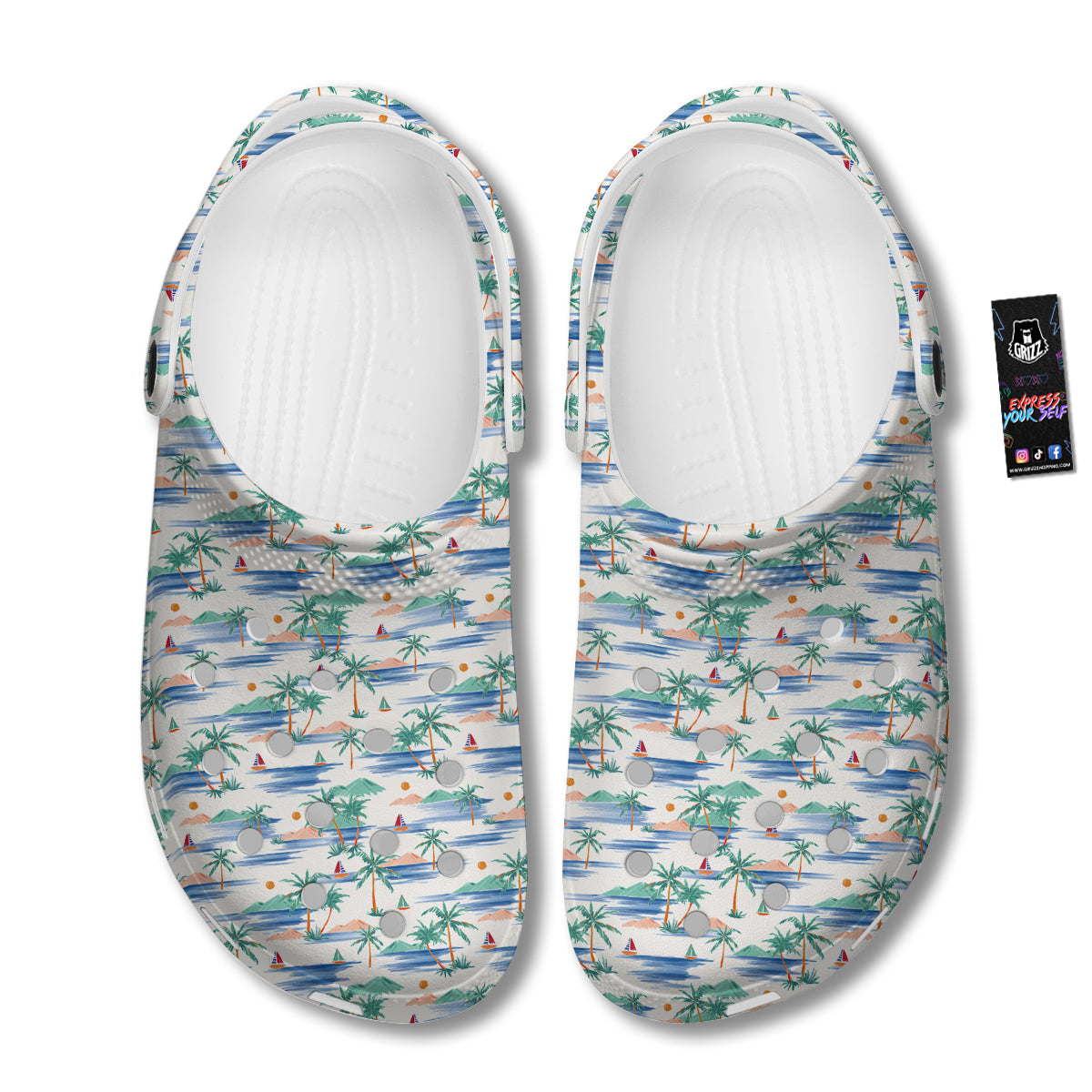 Watercolor Summer Island Palm Tree Print Pattern Clog-grizzshop