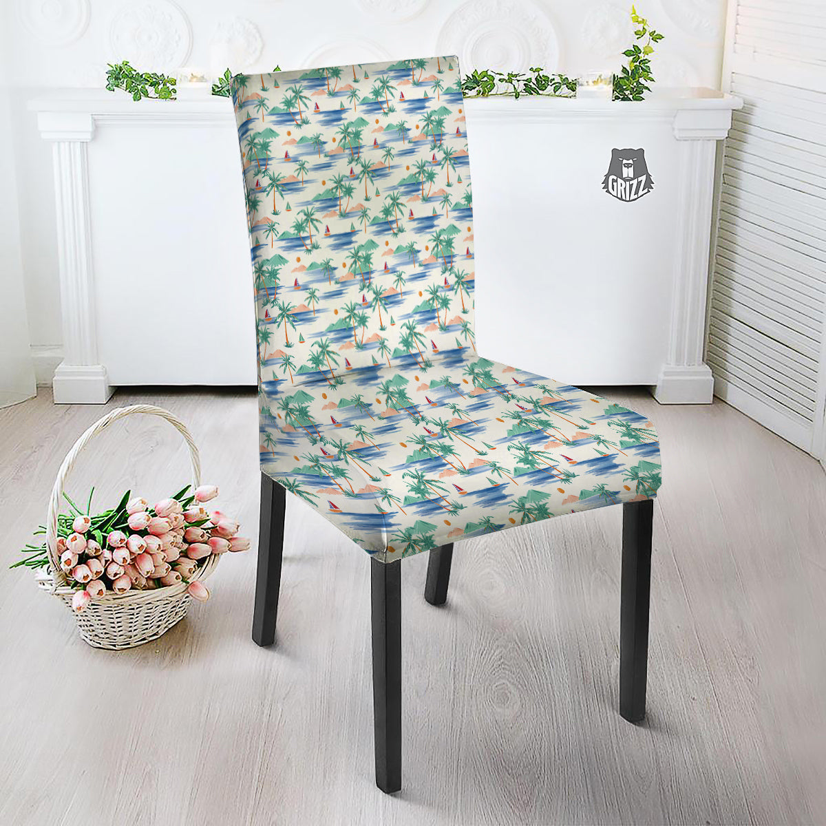 Watercolor Summer Island Palm Tree Print Pattern Dining Chair Slipcover-grizzshop