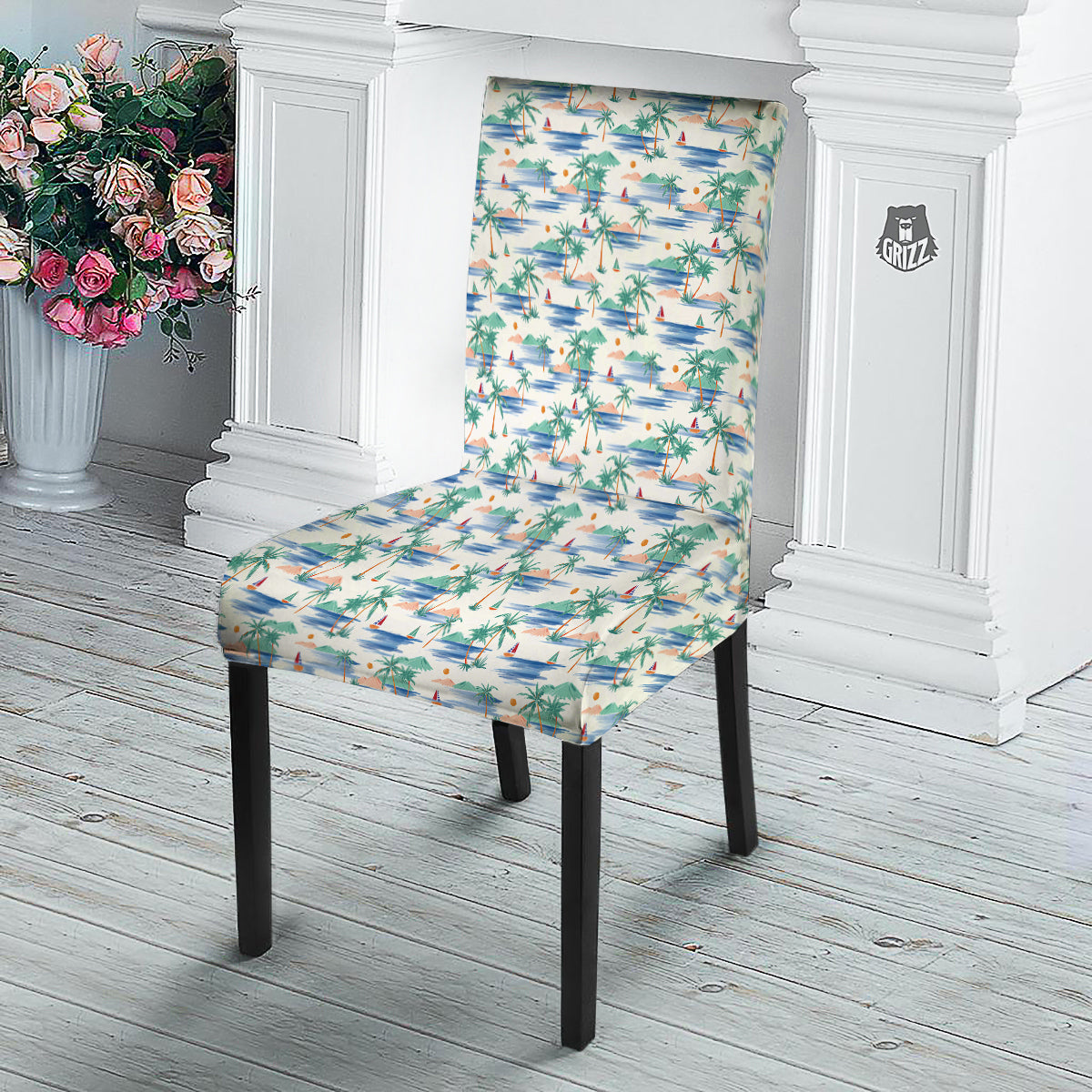 Watercolor Summer Island Palm Tree Print Pattern Dining Chair Slipcover-grizzshop