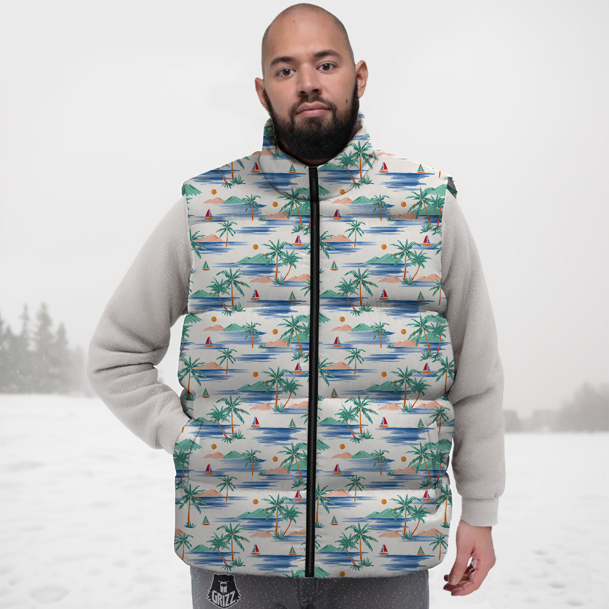 Watercolor Summer Island Palm Tree Print Pattern Down Vest