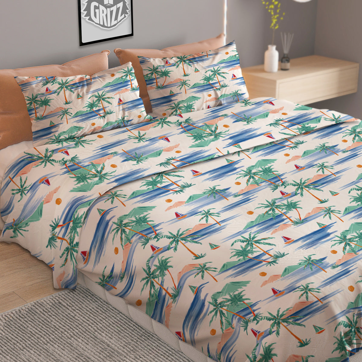 Watercolor Summer Island Palm Tree Print Pattern Duvet Cover Bedding Set