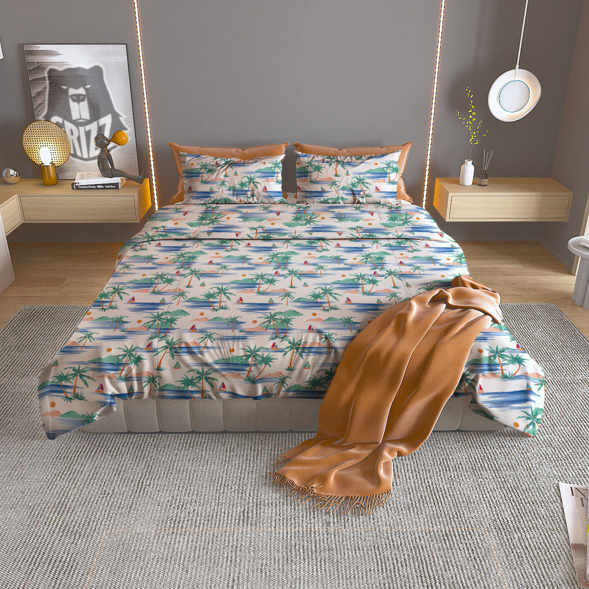 Watercolor Summer Island Palm Tree Print Pattern Duvet Cover Bedding Set
