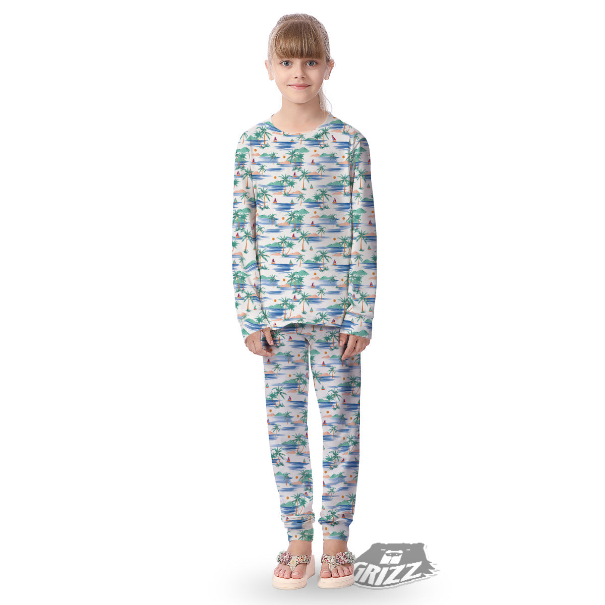Watercolor Summer Island Palm Tree Print Pattern Kid's Pajamas-grizzshop