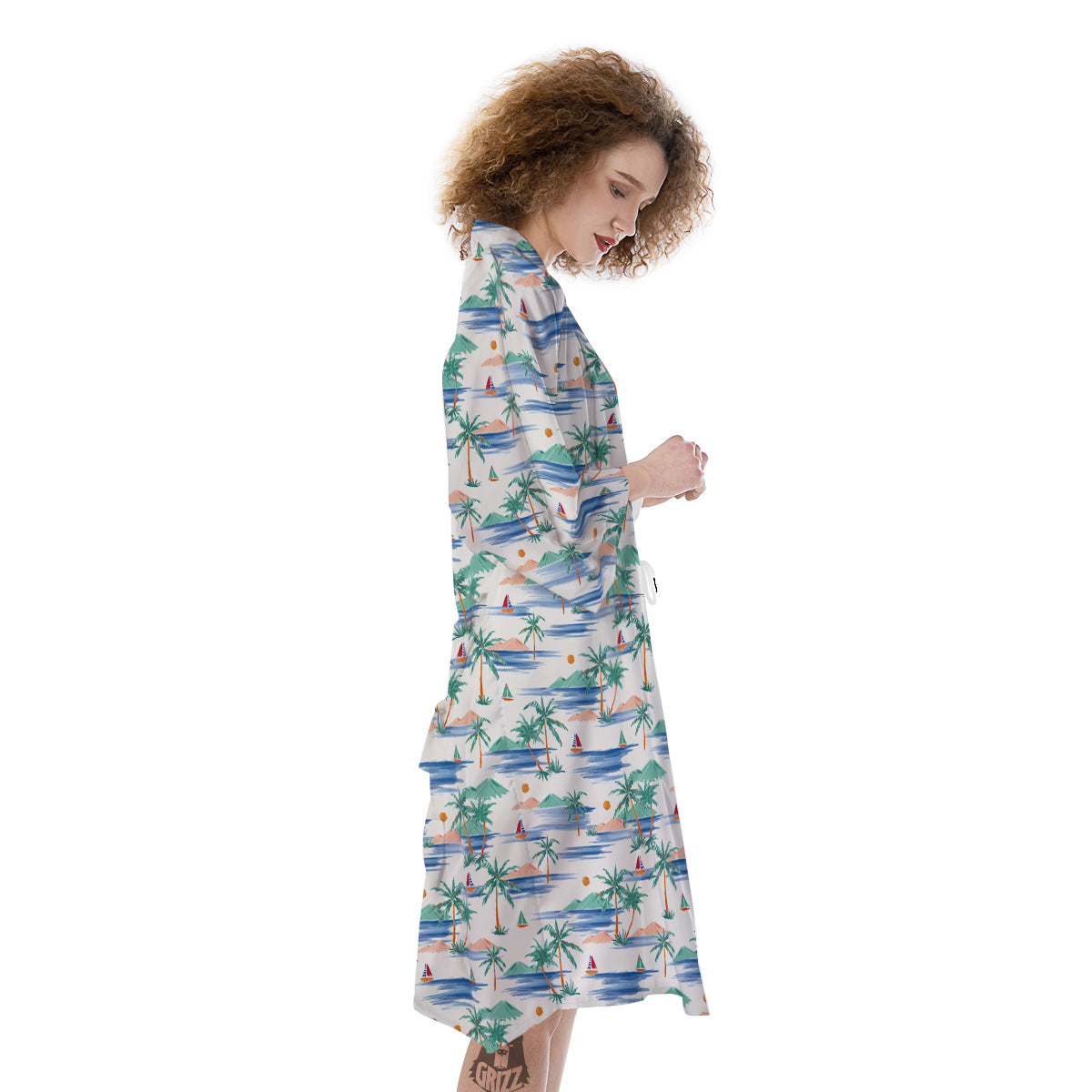 Watercolor Summer Island Palm Tree Print Pattern Kimono-grizzshop