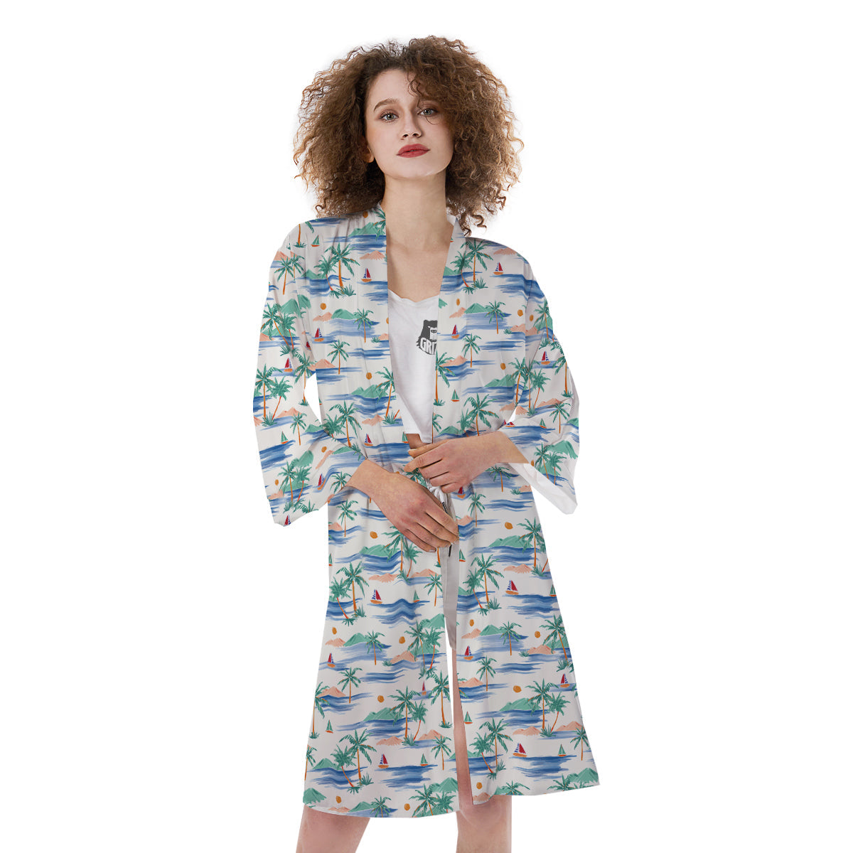 Watercolor Summer Island Palm Tree Print Pattern Kimono-grizzshop