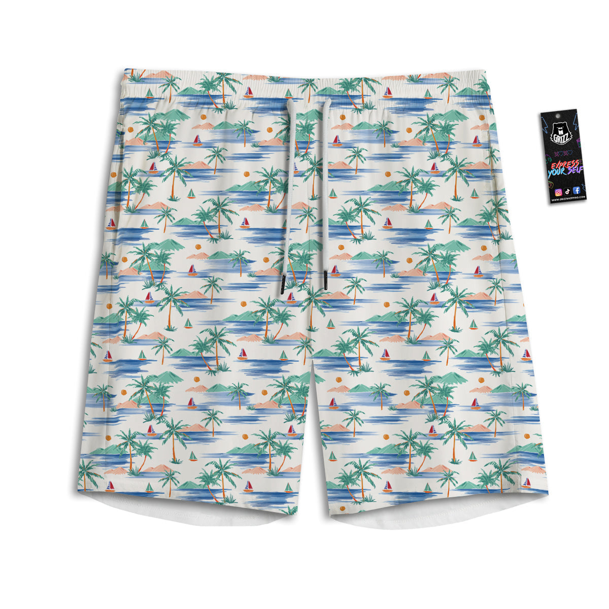 Watercolor Summer Island Palm Tree Print Pattern Men's Athletic Shorts