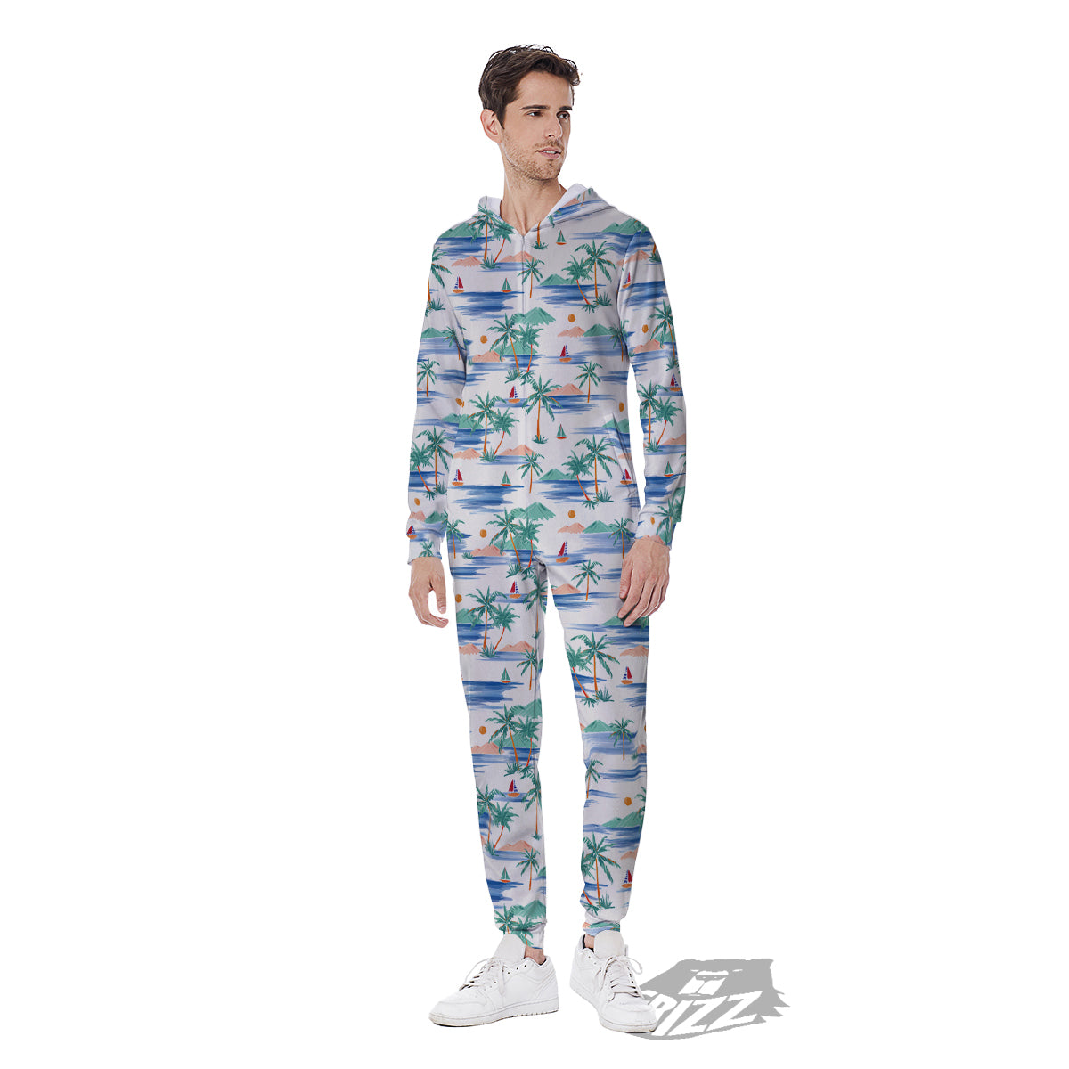 Watercolor Summer Island Palm Tree Print Pattern Men's Jumpsuit-grizzshop