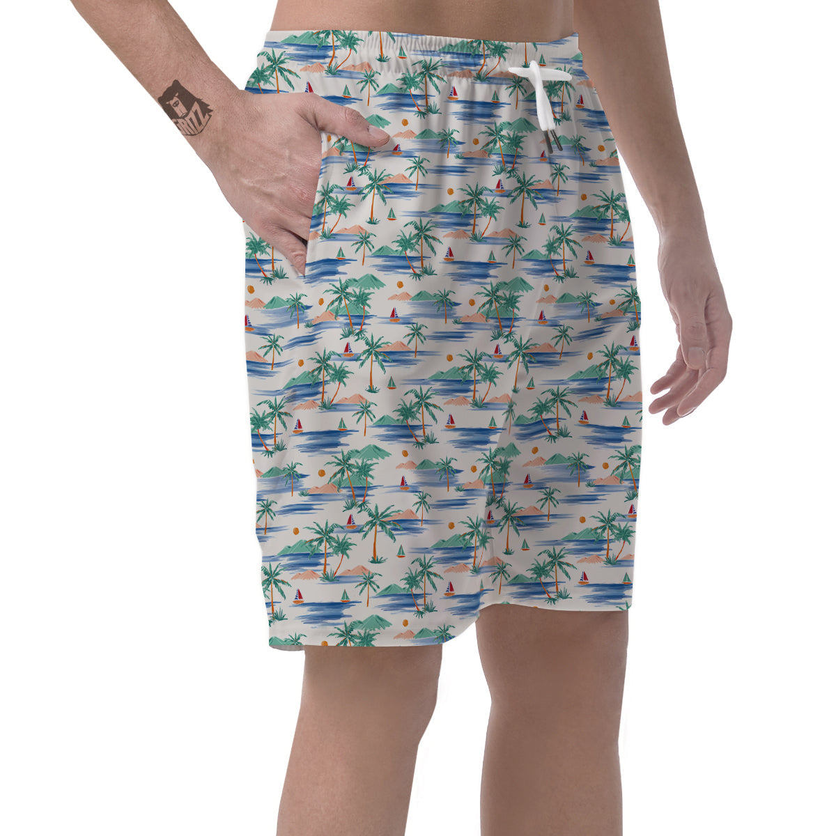 Watercolor Summer Island Palm Tree Print Pattern Men's Shorts-grizzshop