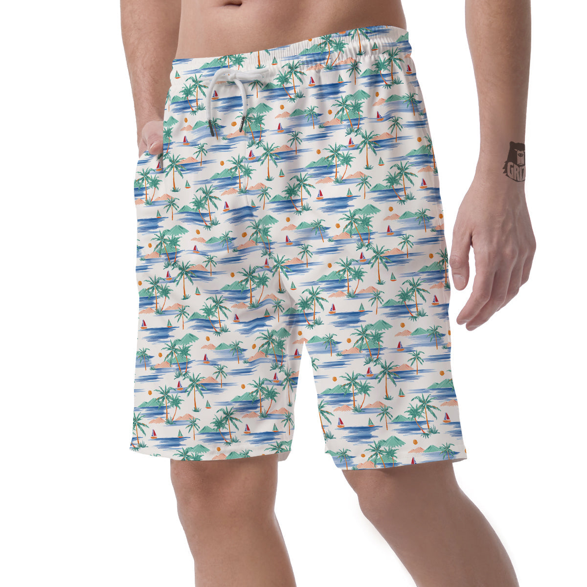 Watercolor Summer Island Palm Tree Print Pattern Men's Shorts-grizzshop