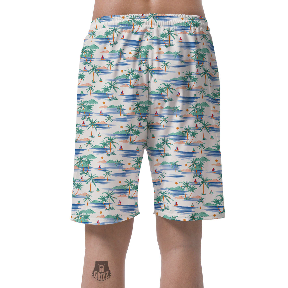 Watercolor Summer Island Palm Tree Print Pattern Men's Shorts-grizzshop