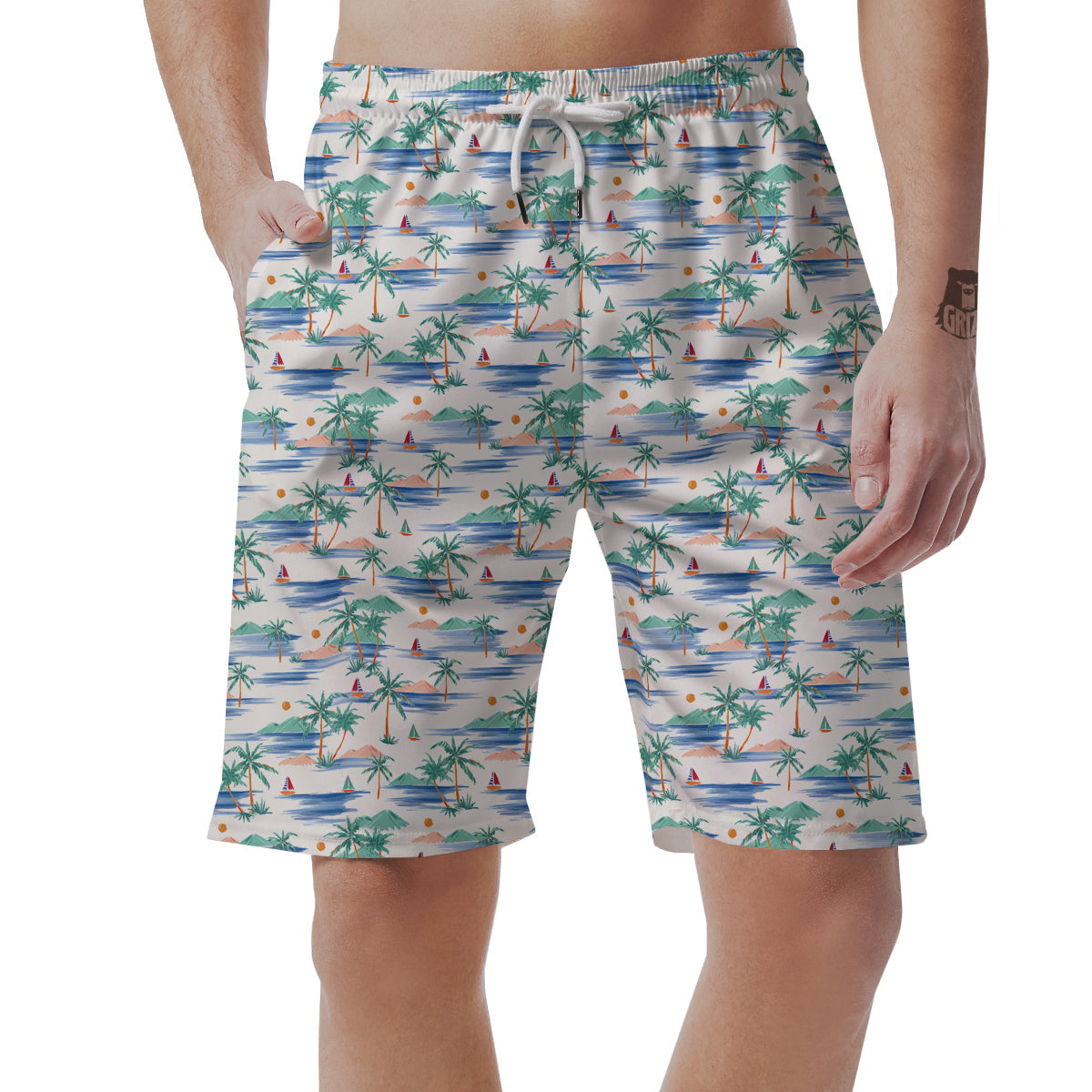 Watercolor Summer Island Palm Tree Print Pattern Men's Shorts-grizzshop