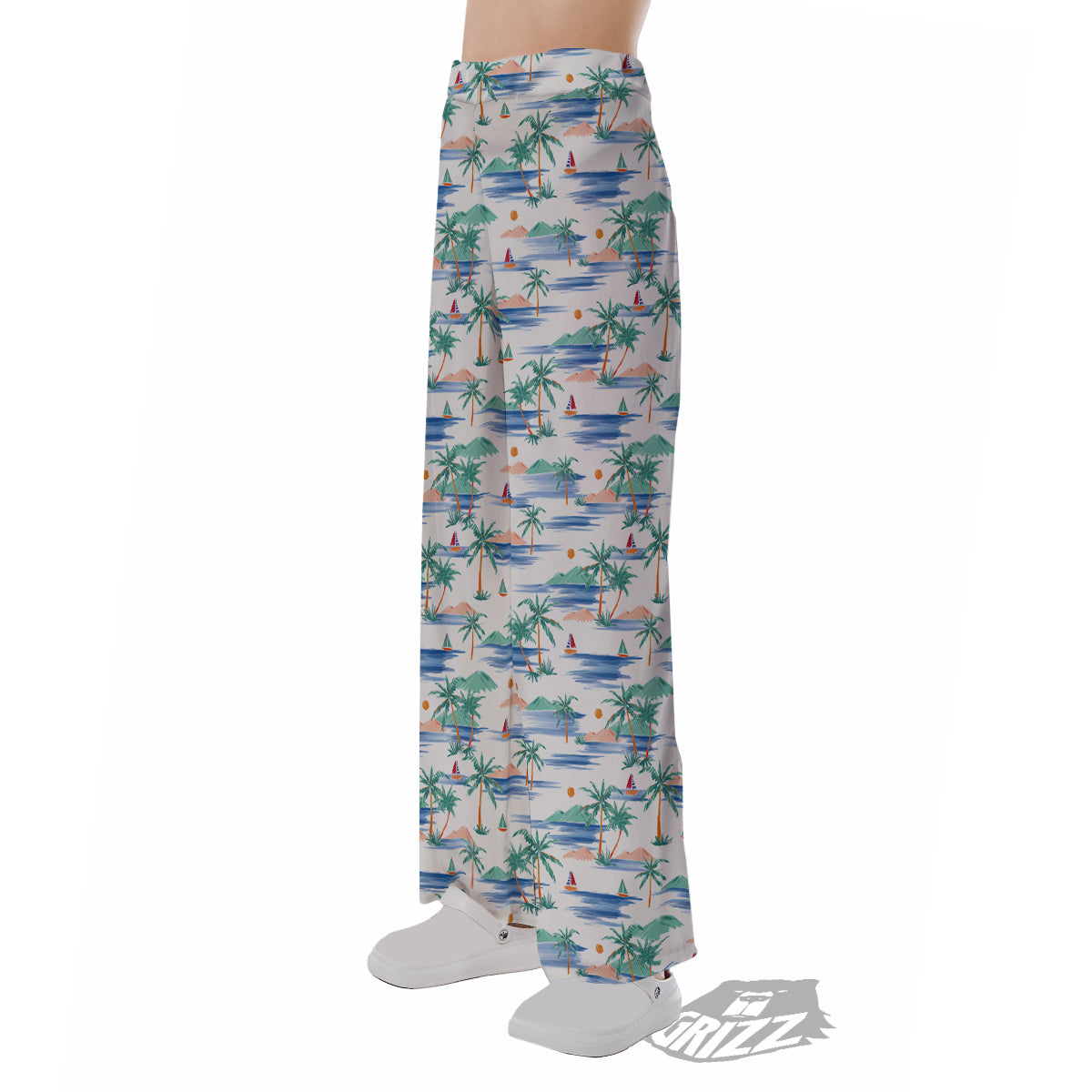 Watercolor Summer Island Palm Tree Print Pattern Pajama Pants-grizzshop