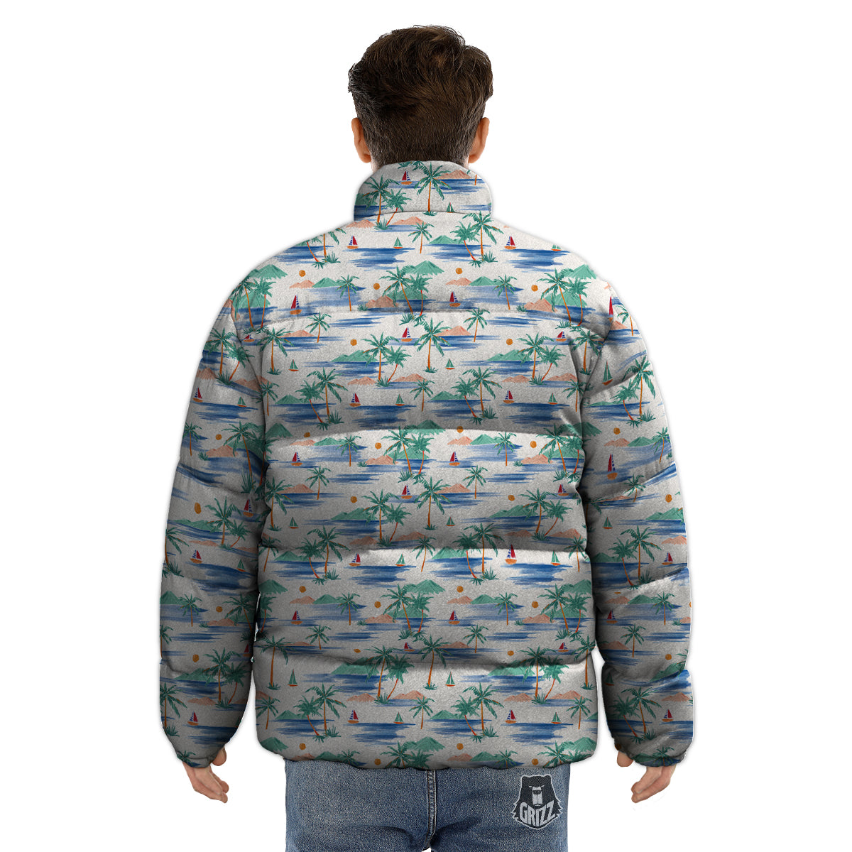 Watercolor Summer Island Palm Tree Print Pattern Puffer Jacket-grizzshop