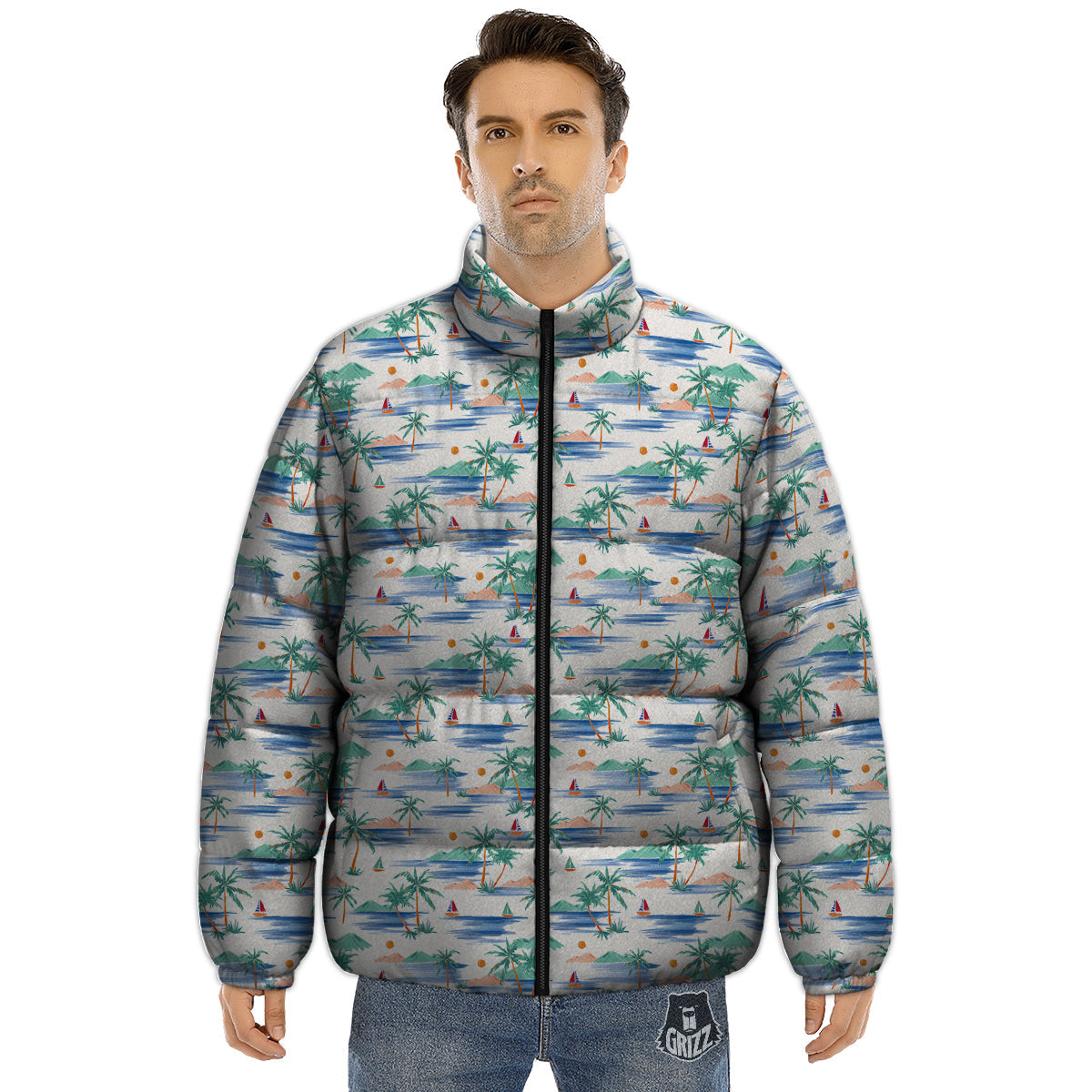 Watercolor Summer Island Palm Tree Print Pattern Puffer Jacket-grizzshop