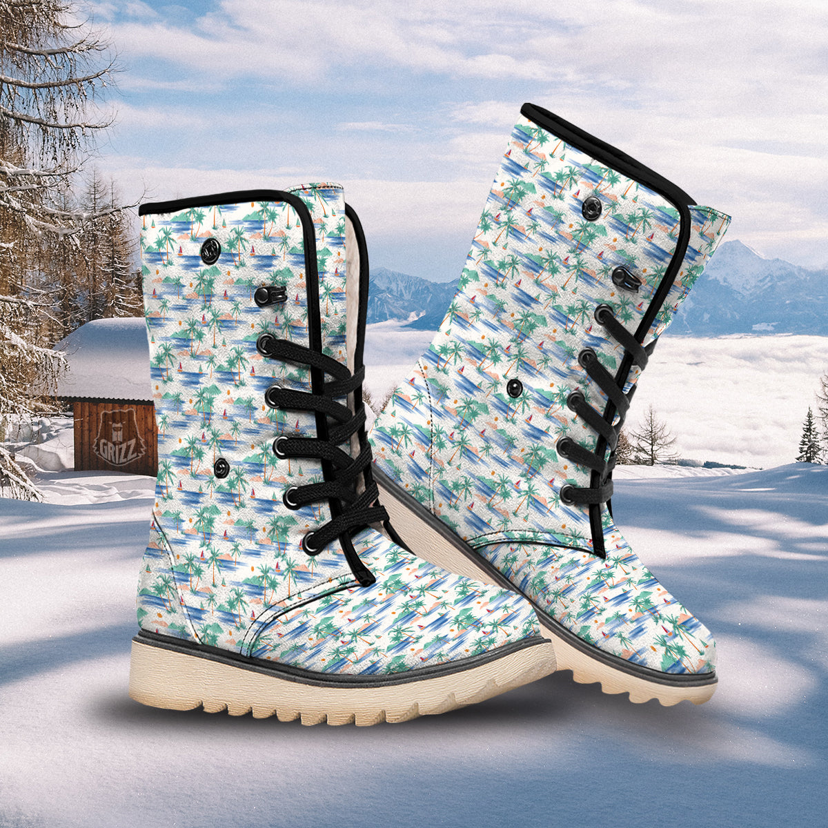 Watercolor Summer Island Palm Tree Print Pattern Snow Boots-grizzshop