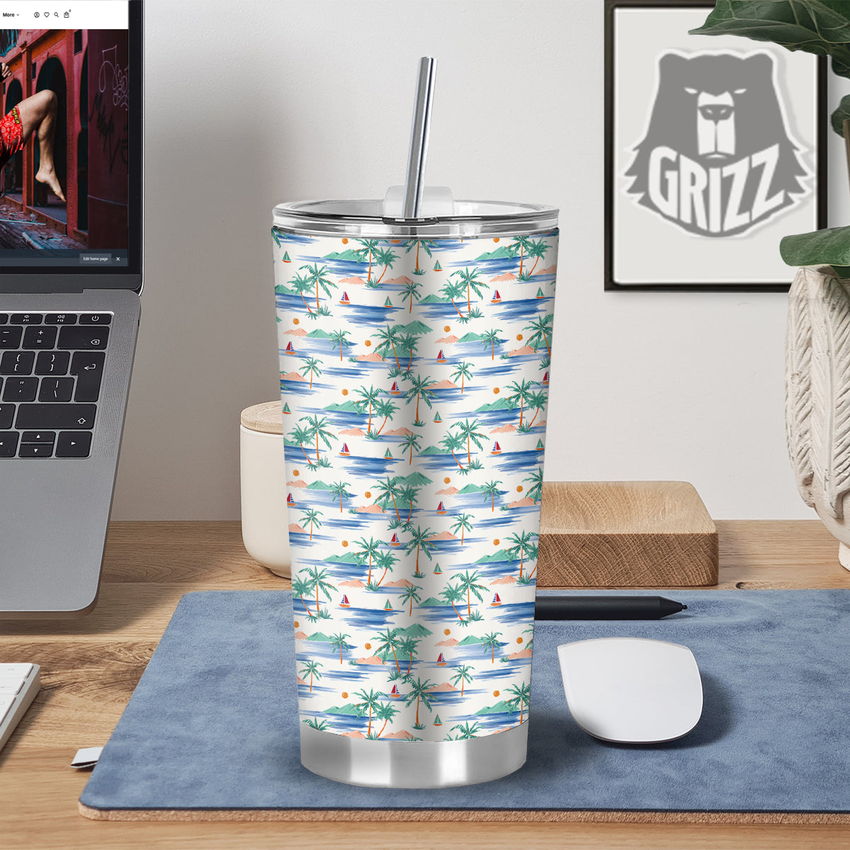 Watercolor Summer Island Palm Tree Print Pattern Tumbler-grizzshop