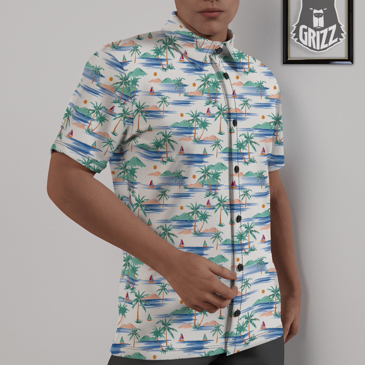 Watercolor Summer Island Palm Tree Print Pattern Untucked Shirts-grizzshop