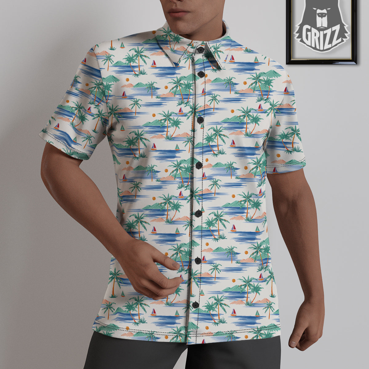 Watercolor Summer Island Palm Tree Print Pattern Untucked Shirts-grizzshop