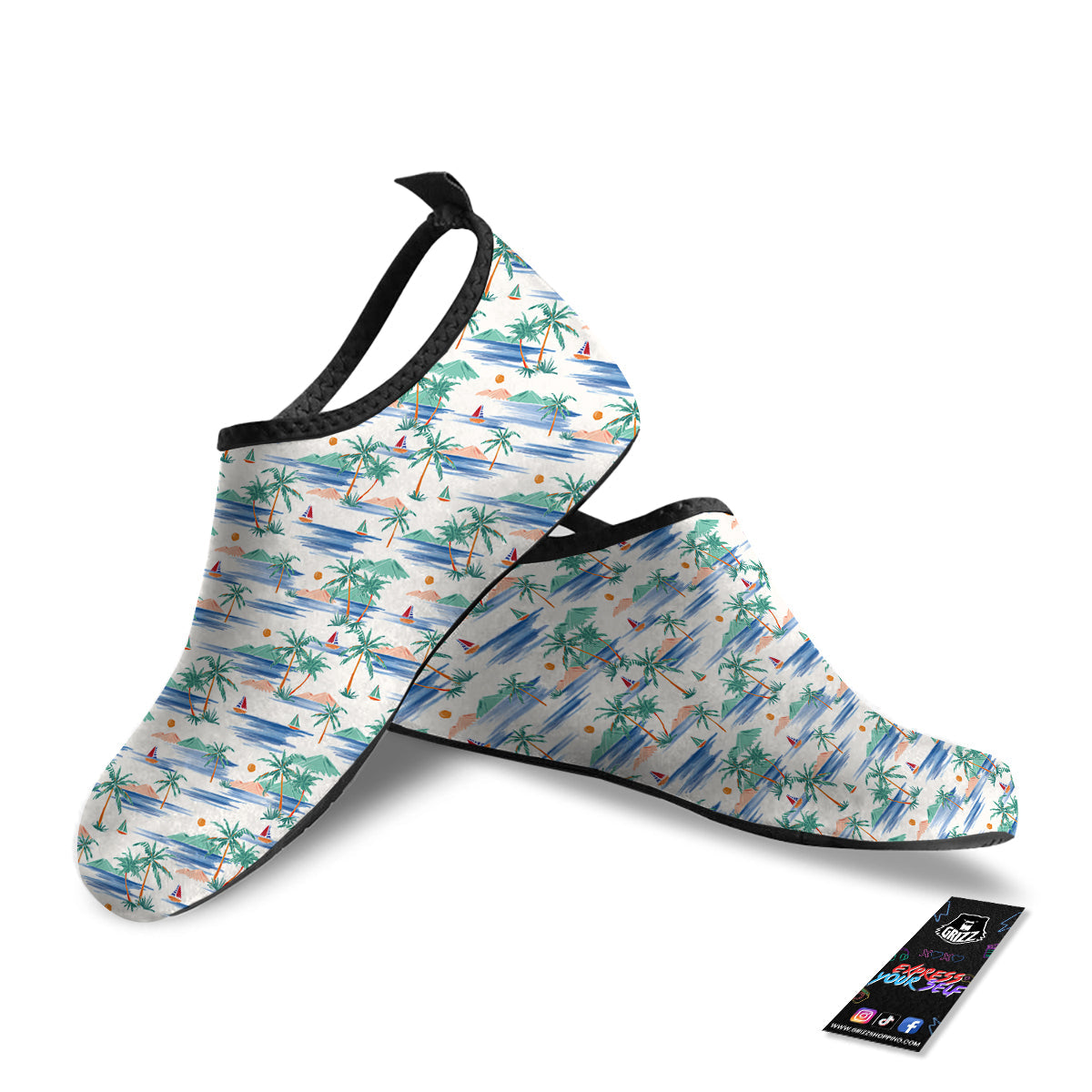 Watercolor Summer Island Palm Tree Print Pattern Water Shoes-grizzshop