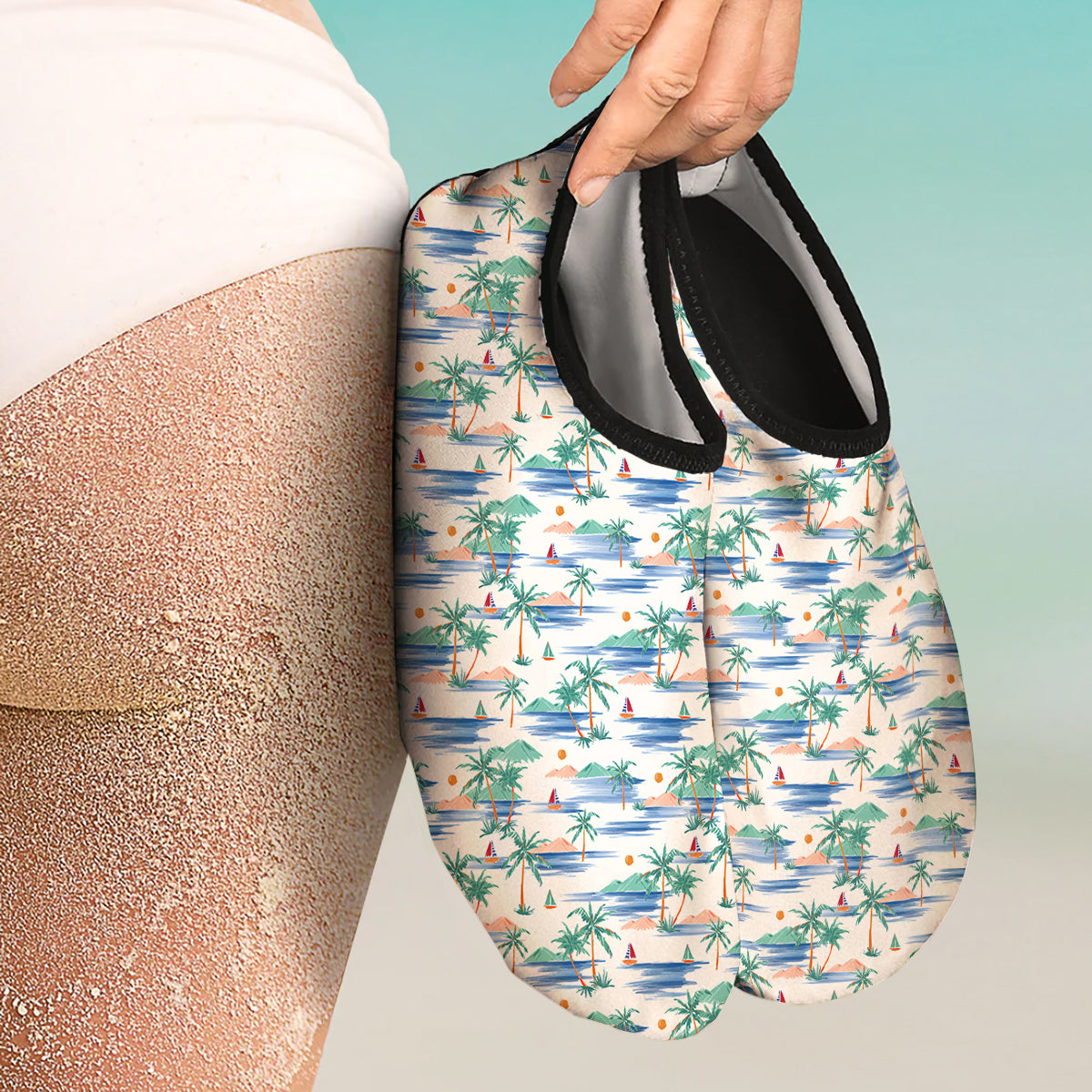 Watercolor Summer Island Palm Tree Print Pattern Water Shoes-grizzshop