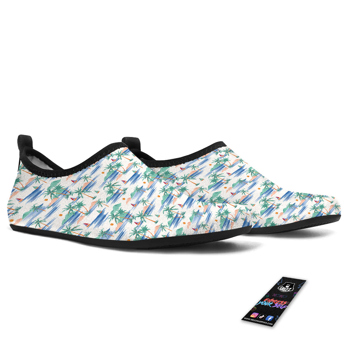 Watercolor Summer Island Palm Tree Print Pattern Water Shoes-grizzshop