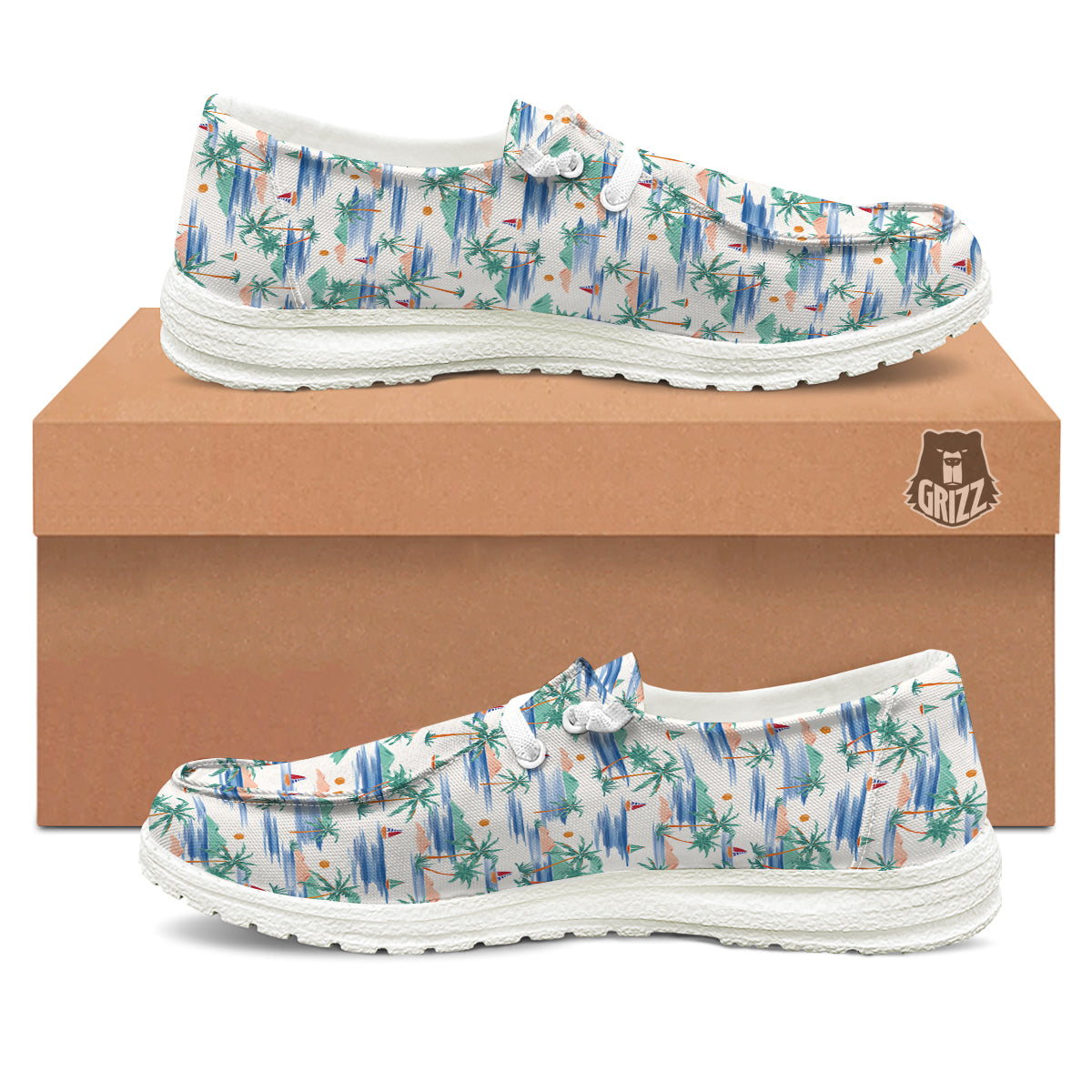 Watercolor Summer Island Palm Tree Print Pattern White Loafers-grizzshop