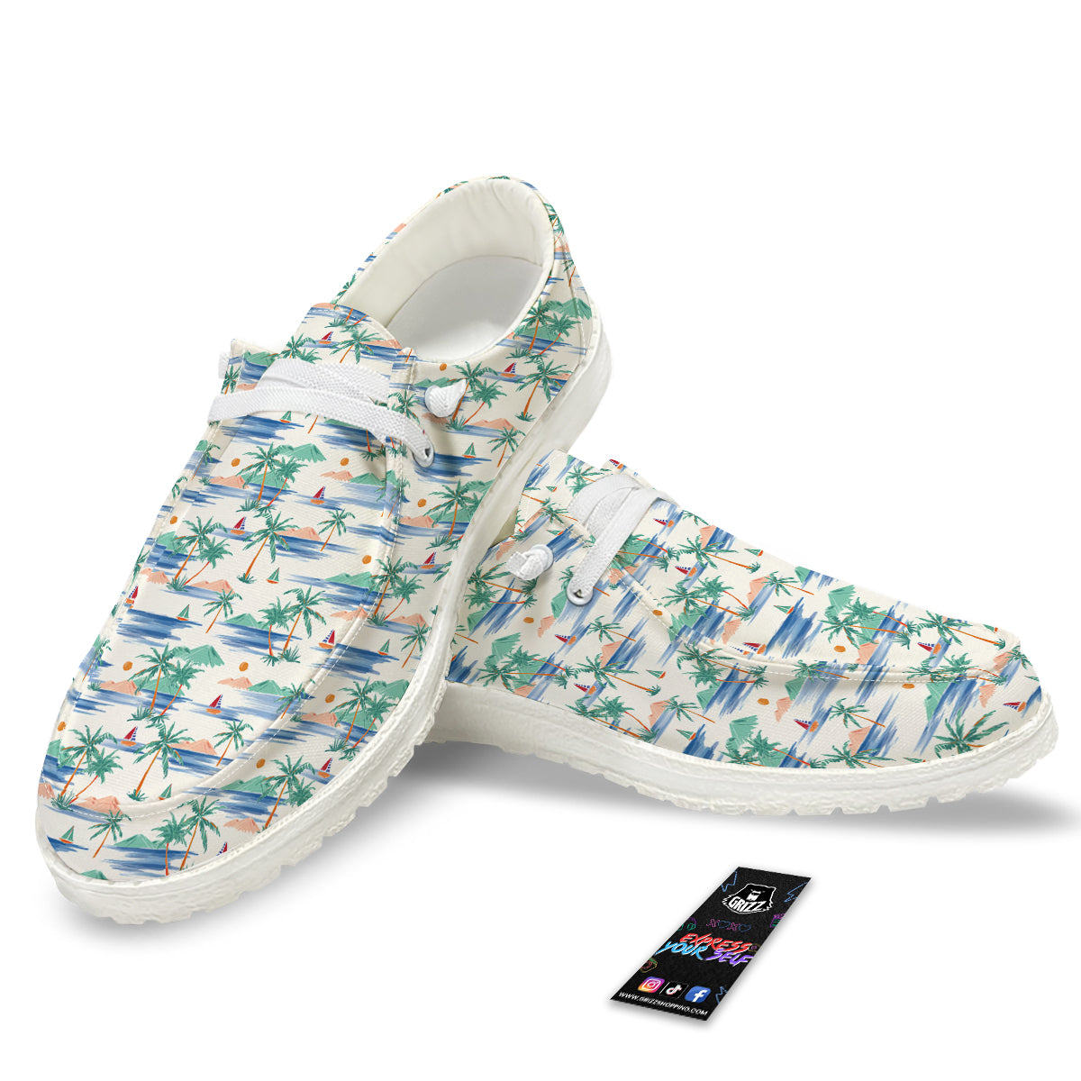 Watercolor Summer Island Palm Tree Print Pattern White Loafers-grizzshop